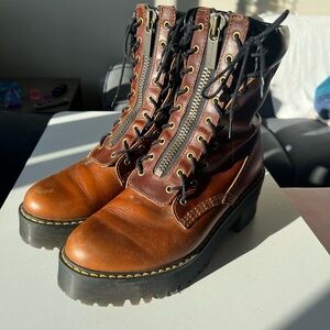 Dr. Martens Karmilla Brown Leather Lace-Up Heeled Boots with Removable Zipper